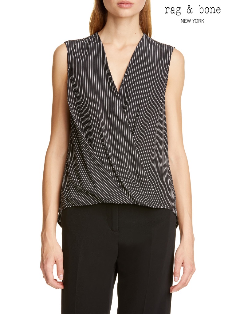 Rag & Bone Nwt Victor Sleeveless 100% Silk Black White Strip Blouse. Size M
